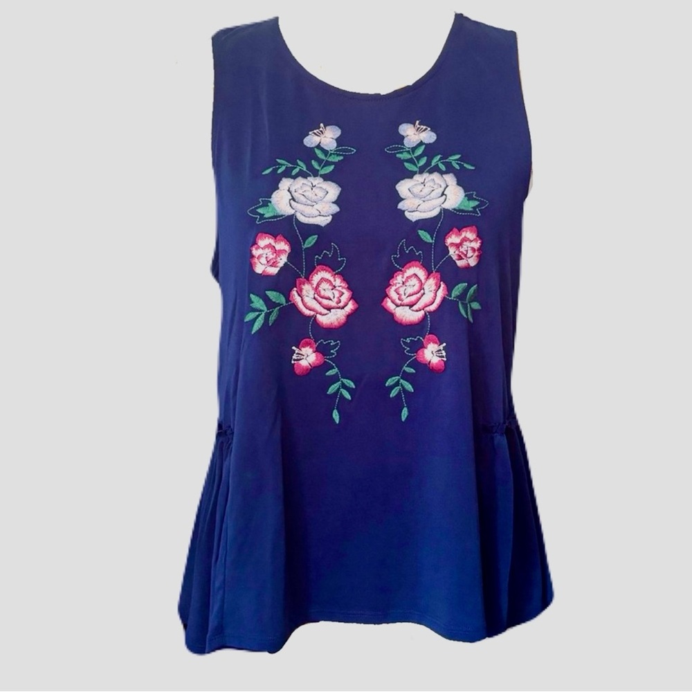 Alya Women Peplum Blouse Sleeveless Navy Blue Floral Embroidered Tank Top Size M